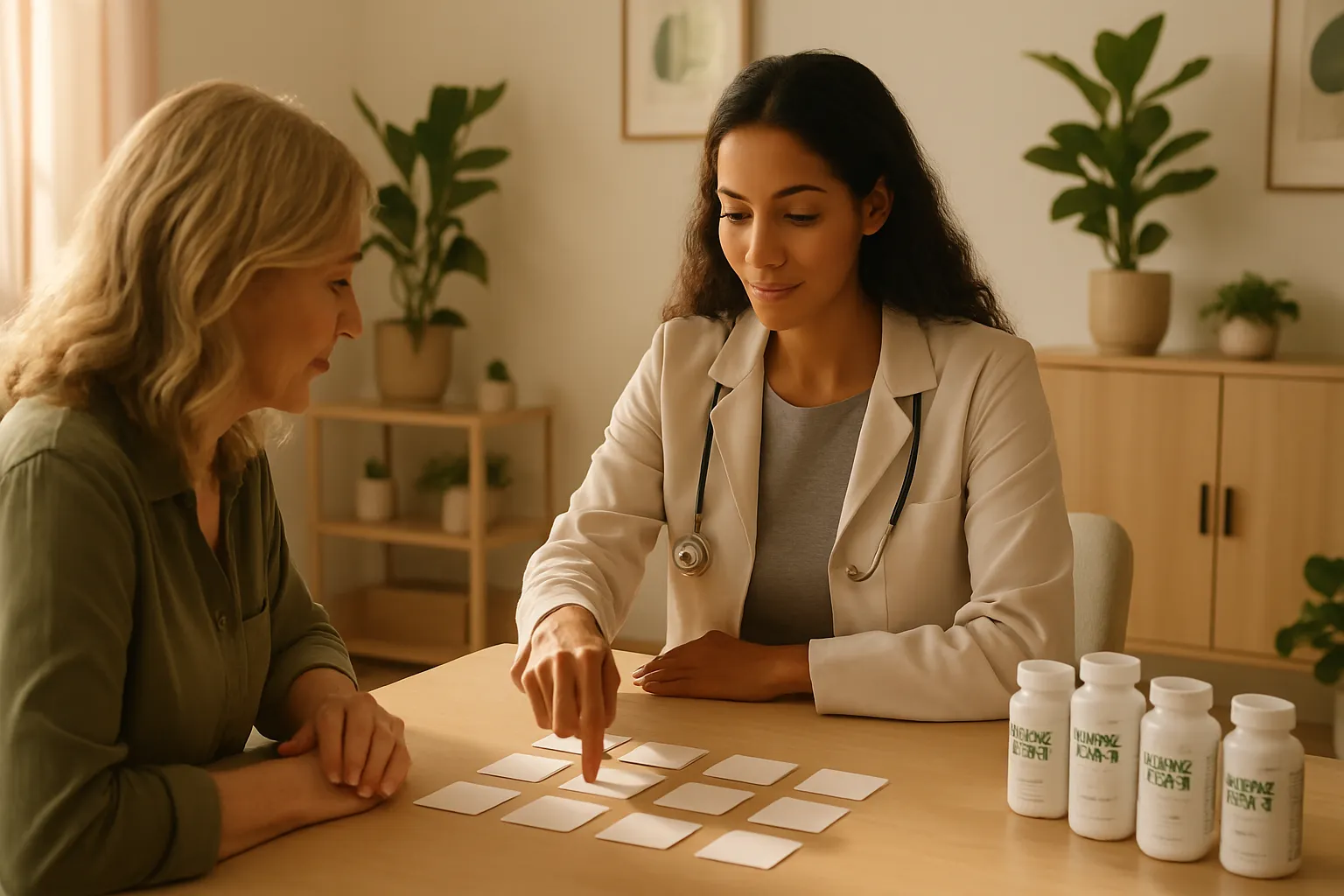 Profissional de saúde realizando avaliação de função cognitiva com cliente, materiais de teste de memória e suplementos para saúde cerebral visíveis