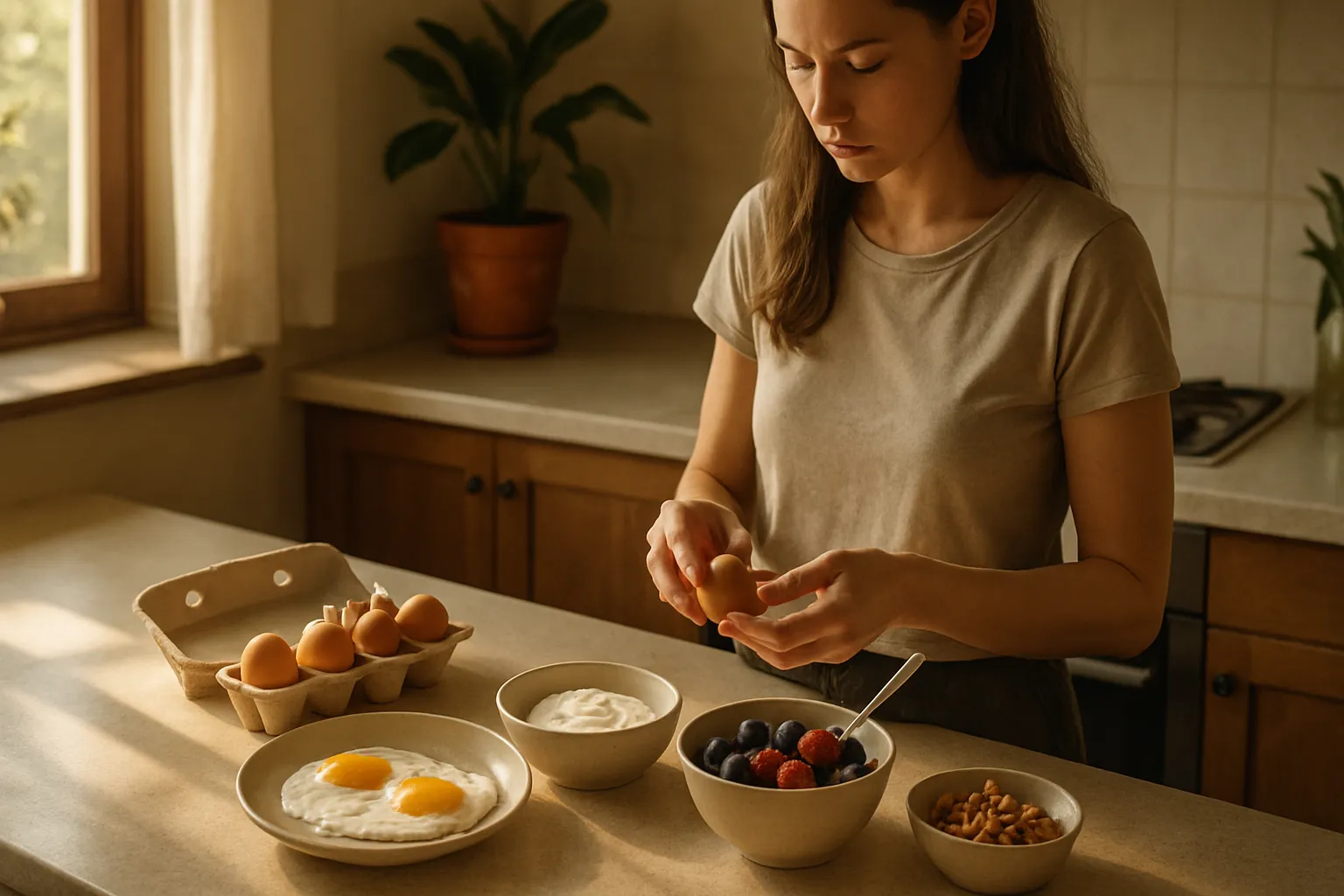 Preparação de café da manhã rico em proteínas com ovos, iogurte grego e oleaginosas para estabilizar glicose e hormônios desde o início do dia