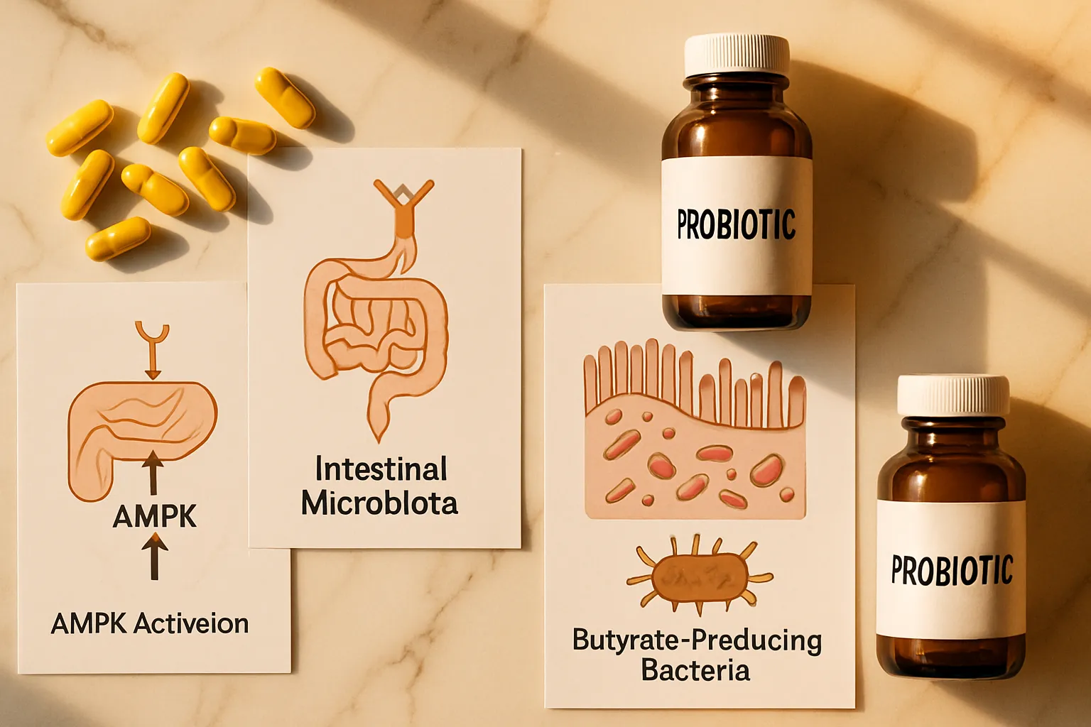 Composição plana com cápsulas de berberina e probióticos ilustrando a conexão entre o fitoterápico e o equilíbrio da microbiota intestinal para controle glicêmico