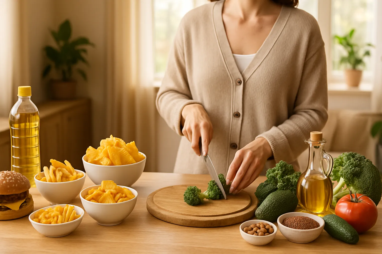 Fatores Alimentares Causadores de Esteatose Demonstração educativa de fatores alimentares que causam esteatose hepática, contrastando alimentos inflamatórios com opções anti-inflamatórias para saúde do fígado