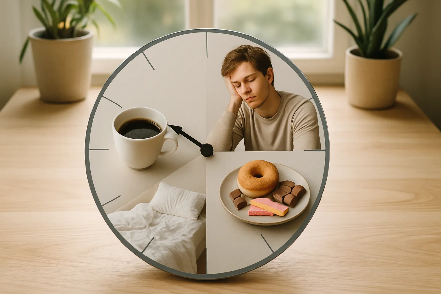 Representação visual do ciclo circadiano desregulado mostrando café pela manhã, fadiga à tarde, compulsão alimentar noturna e insônia, ilustrando os sinais que o corpo envia durante estresse crônico
