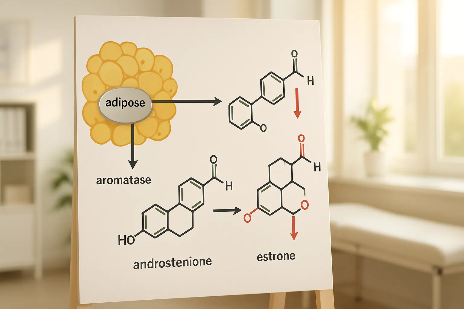 Ciclo Vicioso Estrogênio-Aromatase Modelo educativo demonstrando o processo de conversão da enzima aromatase no tecido adiposo e produção de estrogênio