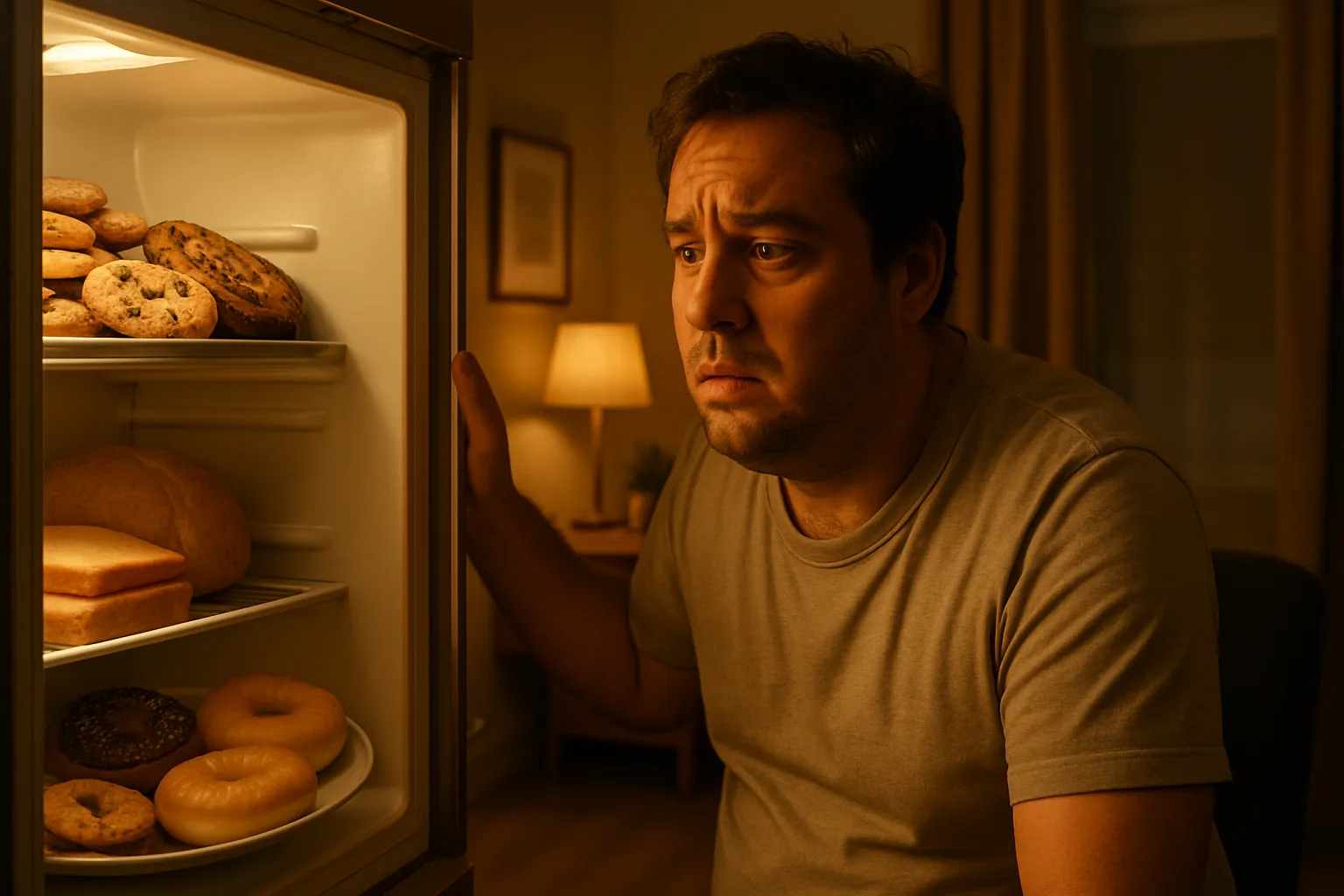 Ciclo de Fome e Desejo por Carboidratos Pessoa abrindo geladeira à noite com desejos intensos por doces e carboidratos, mostrando o ciclo de fome constante da resistência à leptina