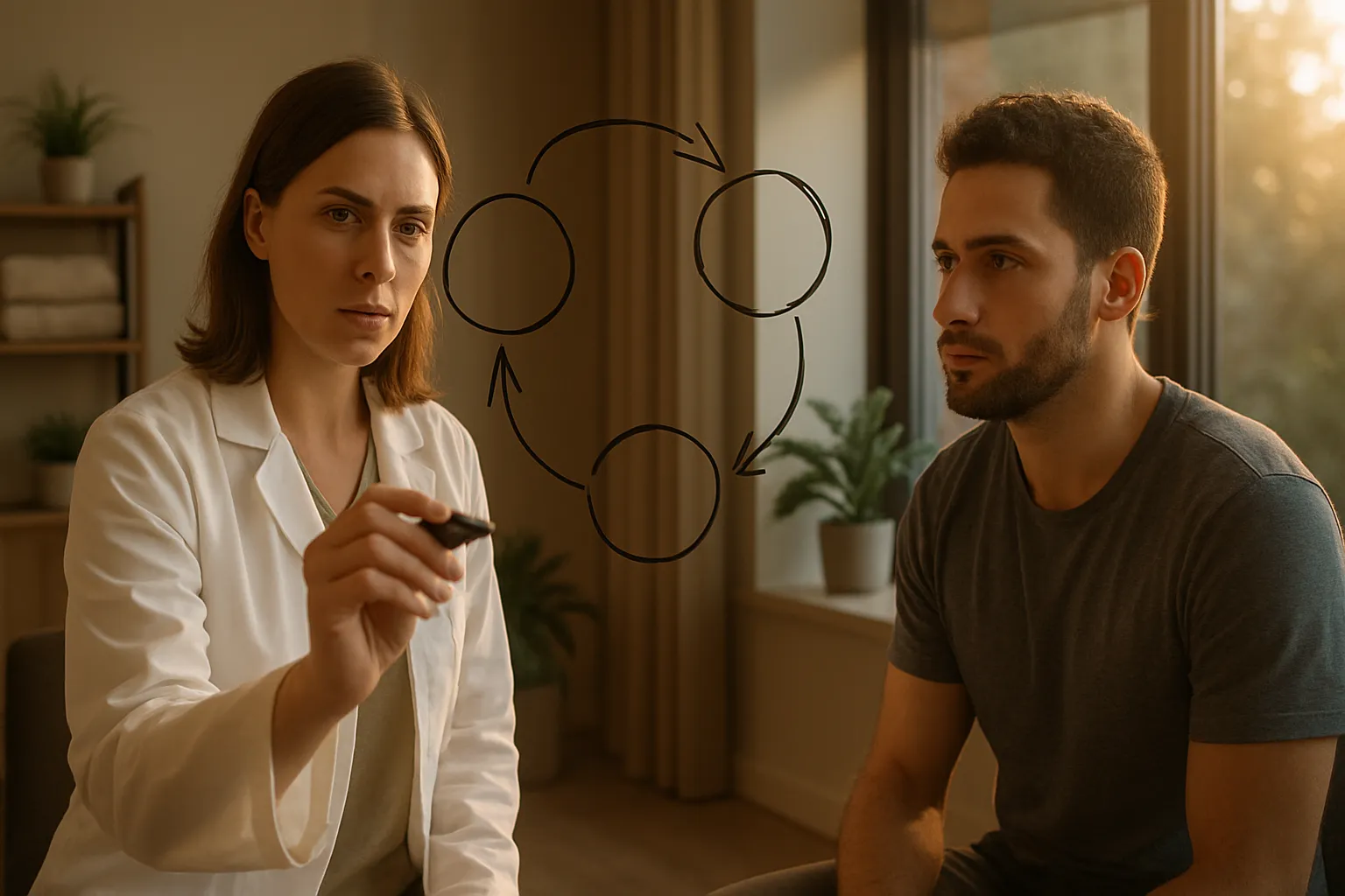 Profissional de saúde explicando para paciente o ciclo hormonal entre insulina, testosterona e DHT que causa hirsutismo