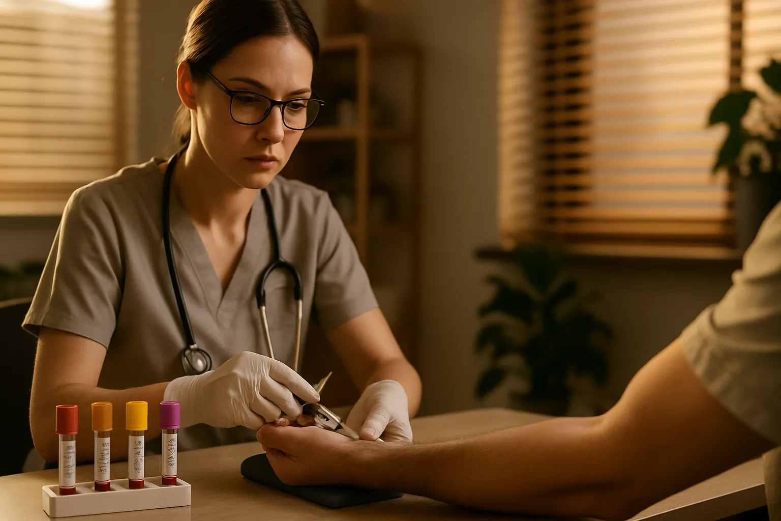 Profissional preparando coleta de sangue para exames hormonais incluindo testosterona, DHEA-S, SHBG e insulina para diagnóstico de hirsutismo