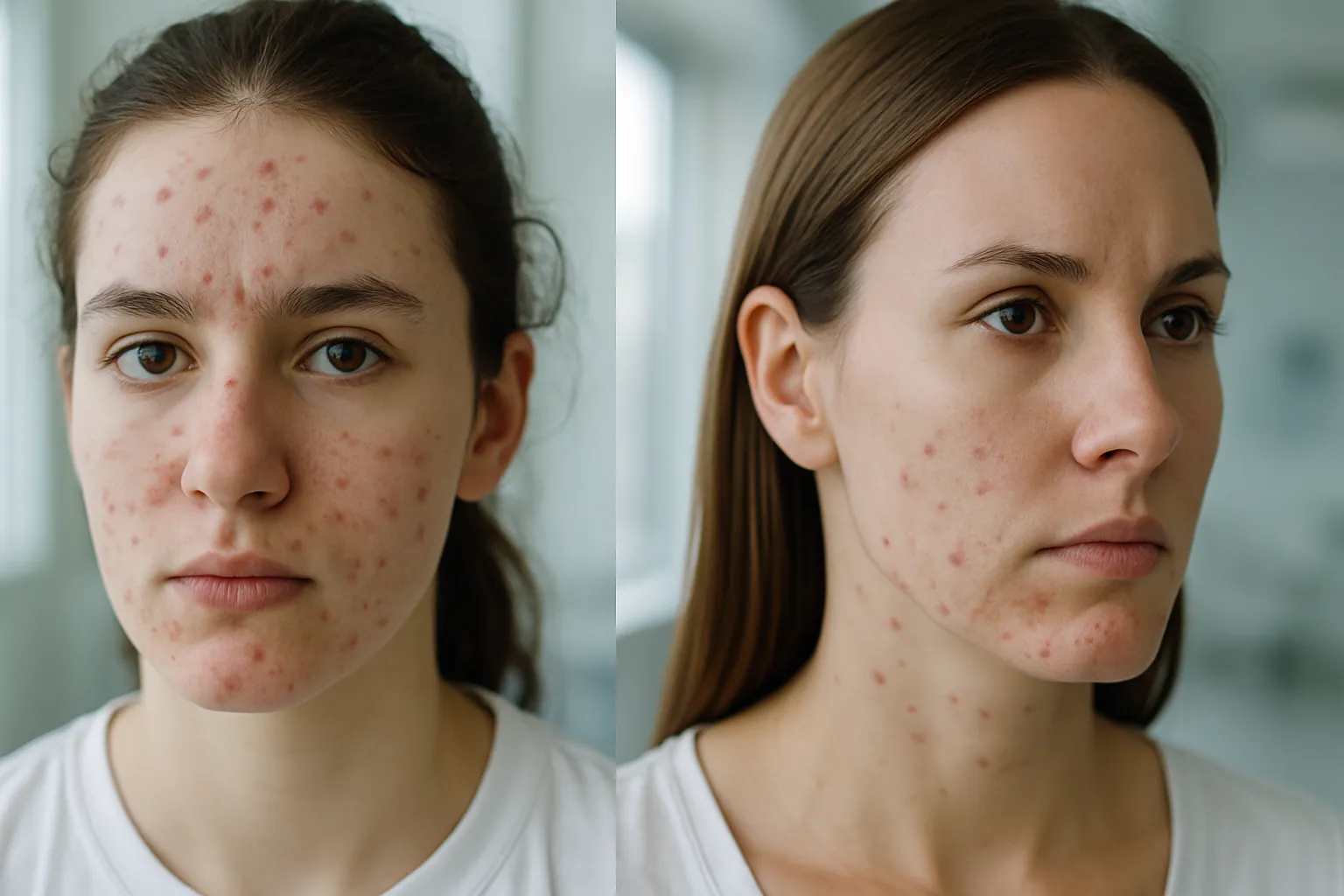 Comparação visual mostrando padrões diferentes de acne: zona T na adolescência versus mandíbula e pescoço na vida adulta