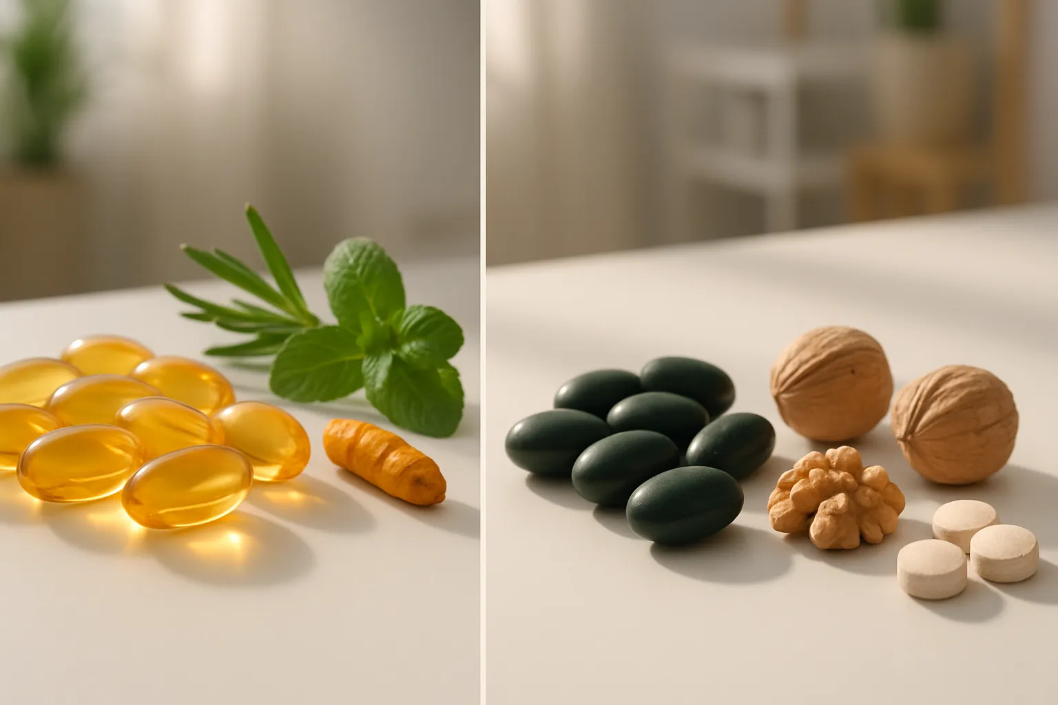 Composição comparativa mostrando diferentes tipos de suplementos de ômega-3 ricos em EPA e DHA com seus respectivos benefícios