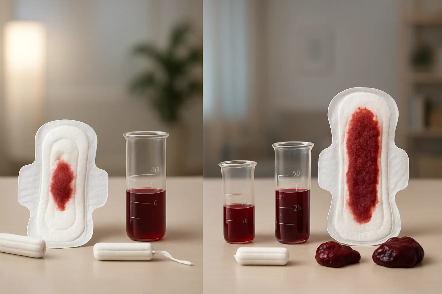 Comparação visual entre fluxo menstrual normal e menorragia com sangramento excessivo característico de adenomiose