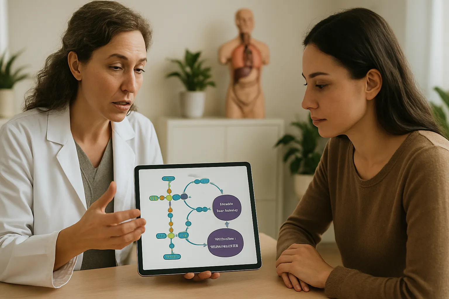 Especialista explicando metabolismo de estrogênio e variações da enzima COMT para paciente em consulta personalizada
