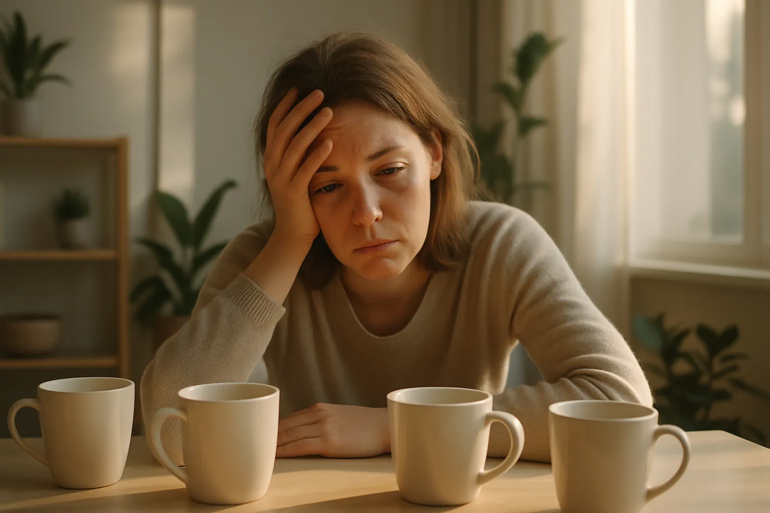 Pessoa exausta cercada por múltiplas xícaras de café vazias ao longo do dia, ilustrando dependência de cafeína e fadiga crônica apesar do consumo excessivo