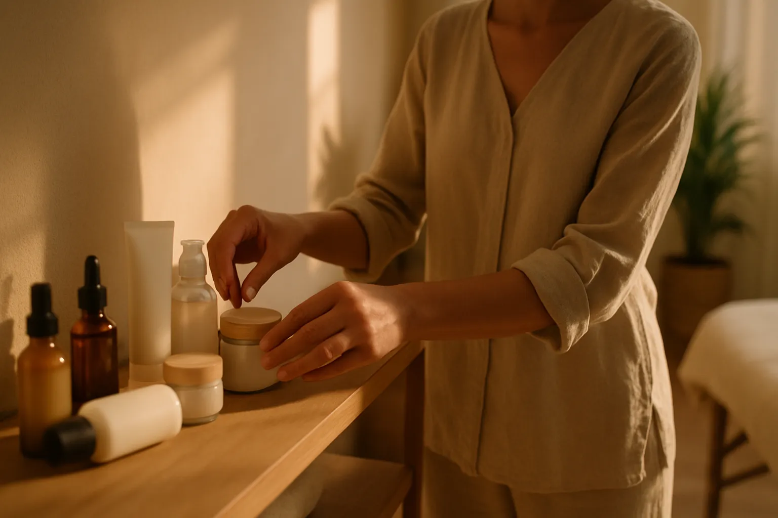 Profissional de saúde organizando produtos de higiene pessoal e cosméticos livres de parabenos, ftalatos e triclosan em ambiente terapêutico