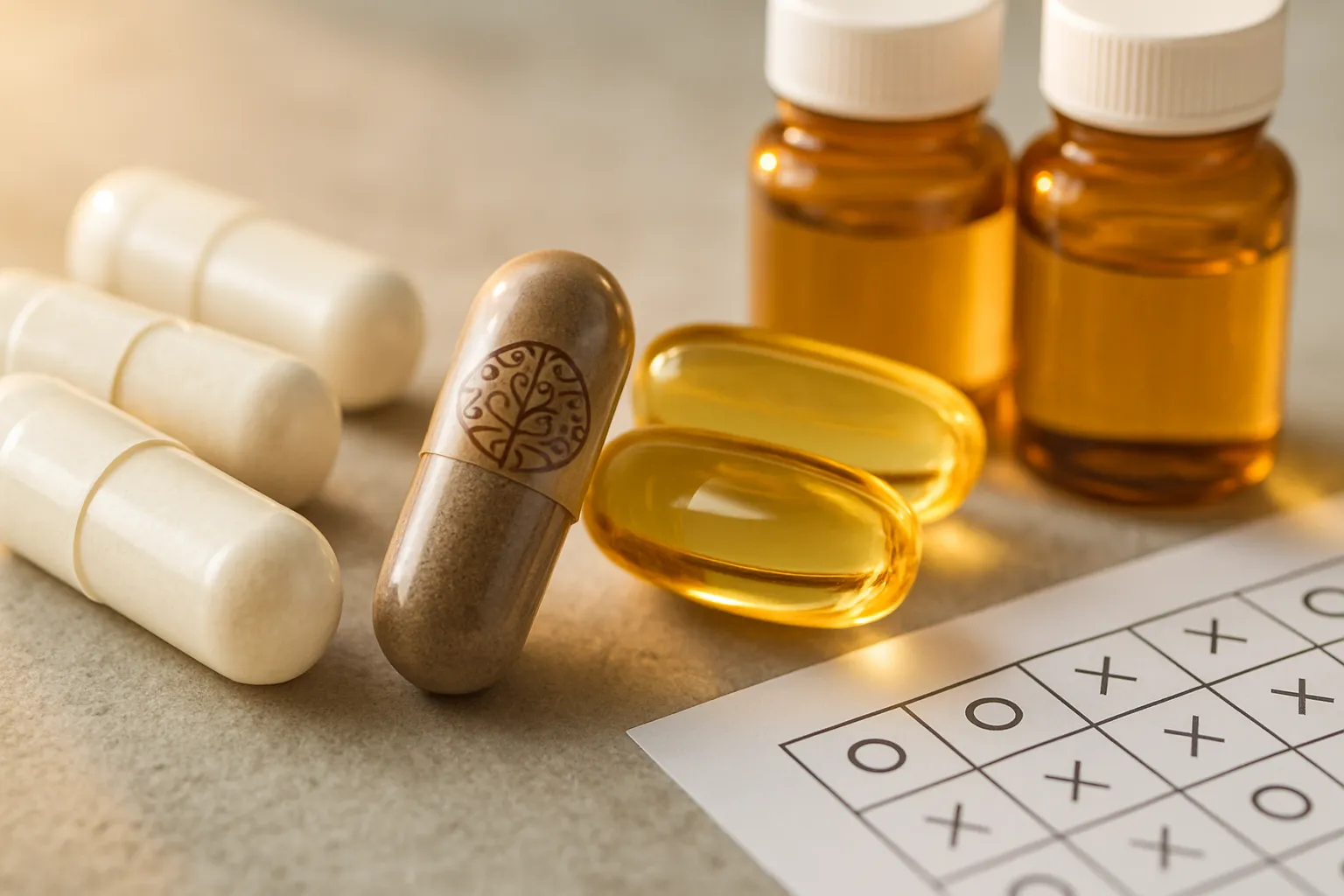 Detalhe macro de cápsulas de creatina ao lado de suplementos nootrópicos para função cerebral e memória feminina