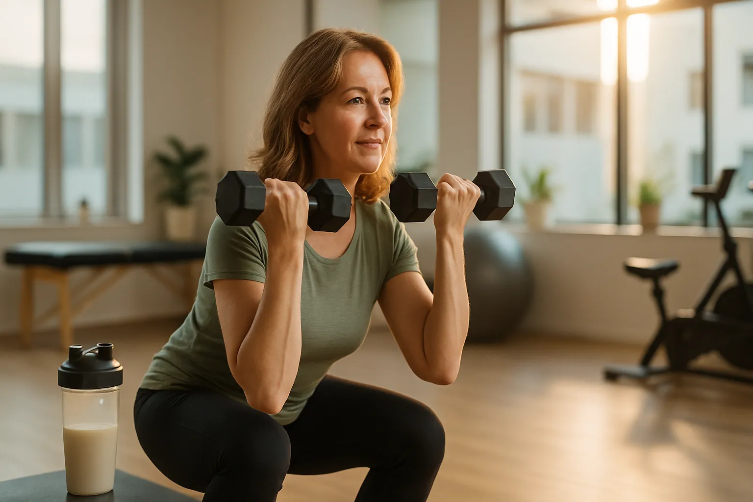 Mulher realizando treino de resistência para saúde óssea com suplemento de creatina em ambiente clínico moderno