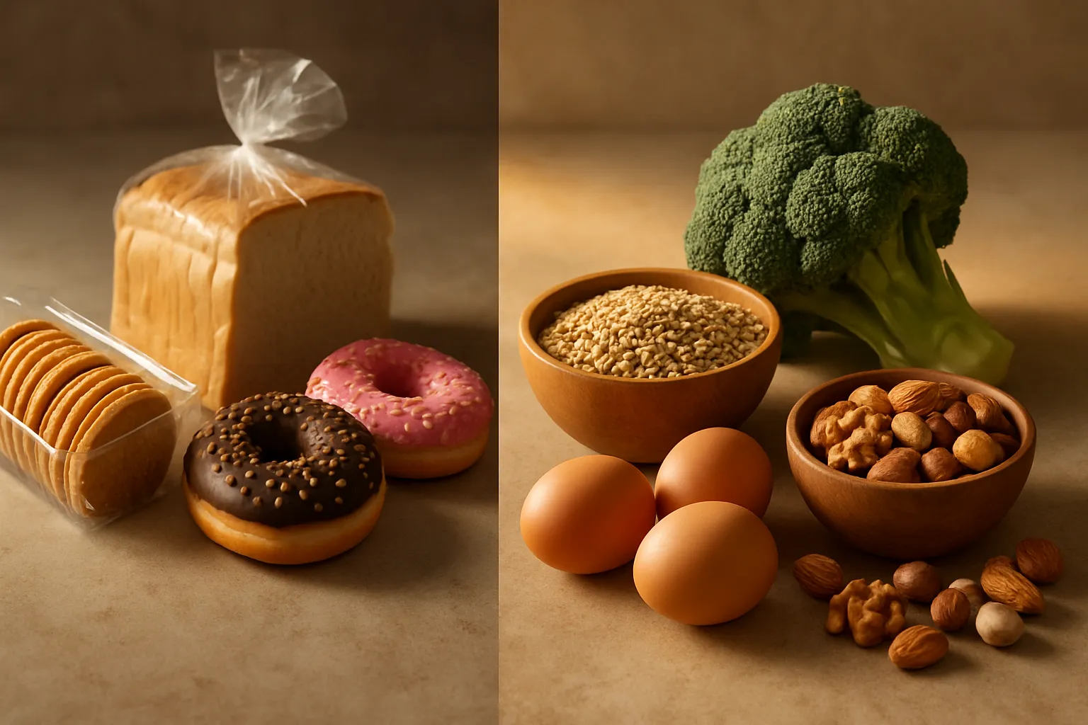 Comparação visual entre alimentos ultraprocessados que esgotam cromo e fontes alimentares naturais ricas no mineral