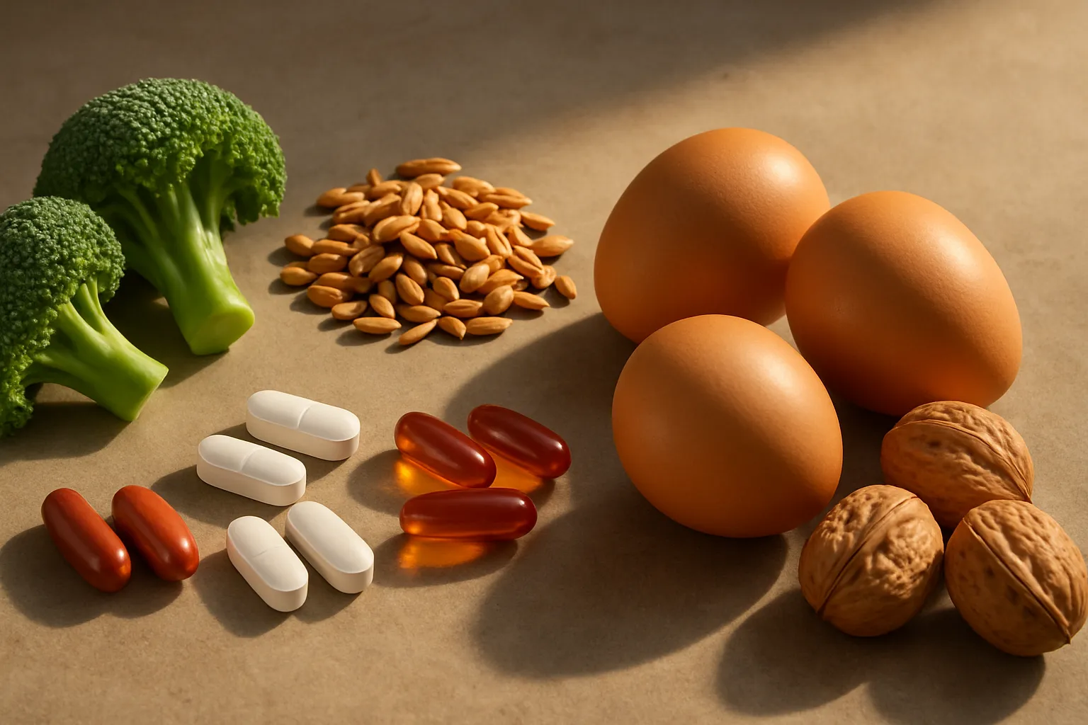 Diferentes formas de suplementação de cromo ao lado de alimentos naturais, demonstrando conceito de biodisponibilidade e absorção