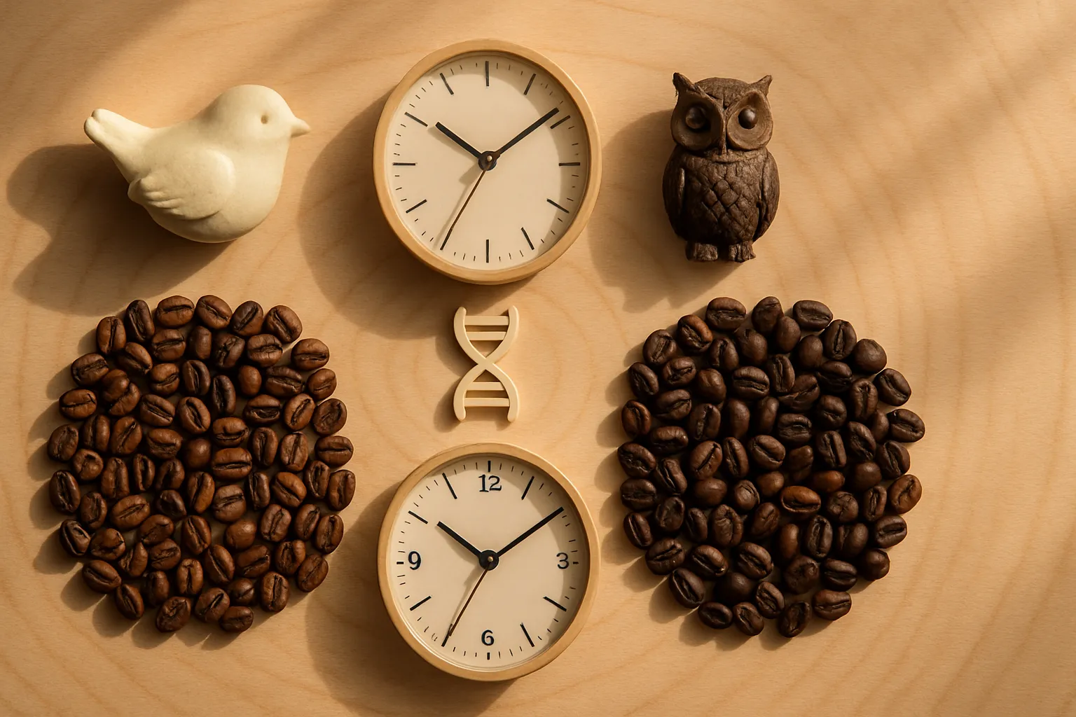 Composição plana mostrando relógios em diferentes horários, grãos de café e símbolos representando cronotipos matutinos e vespertinos e metabolização genética de cafeína