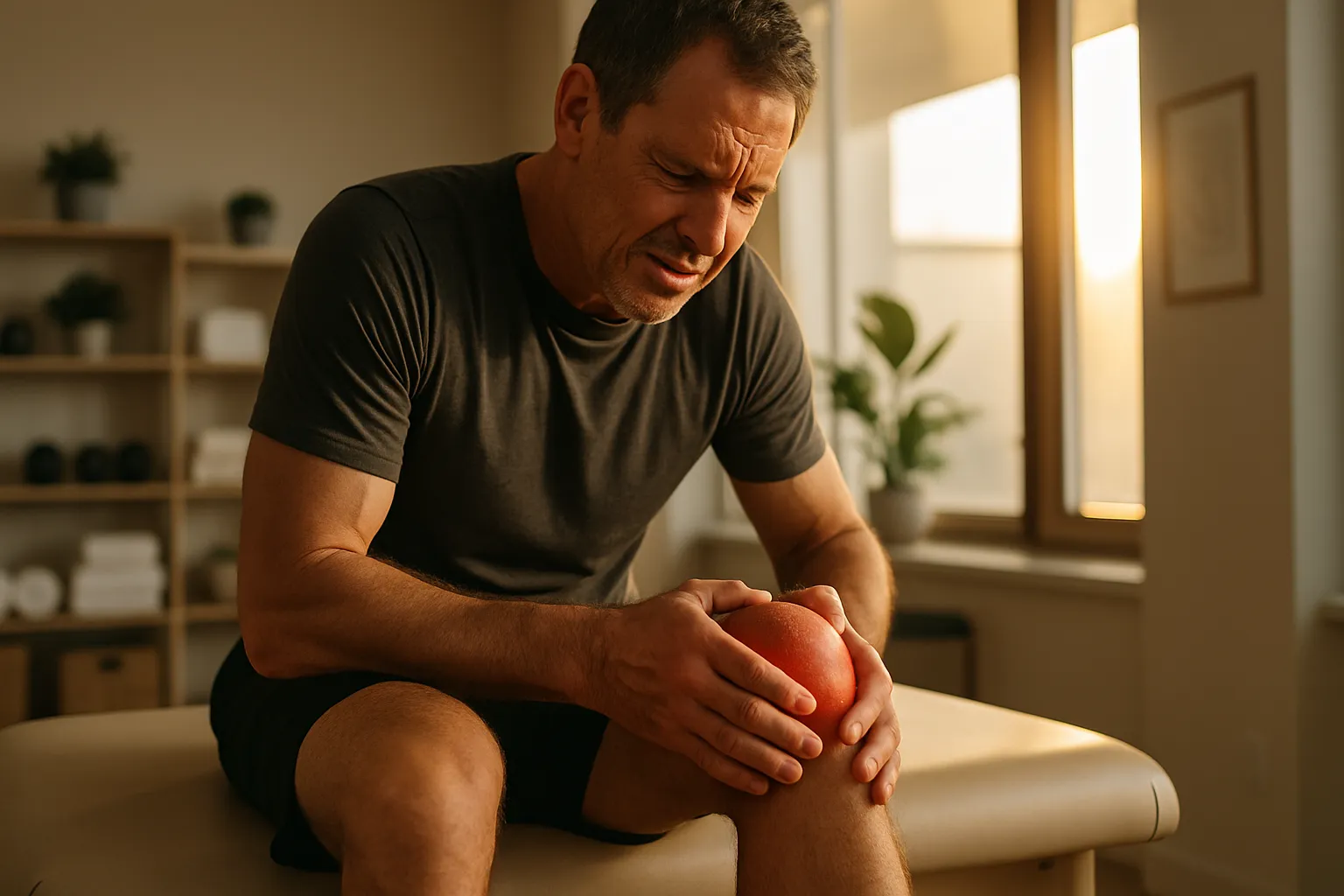 Homem demonstrando desconforto articular no joelho, sintoma comum de estrogênio baixo que afeta saúde óssea e articular masculina