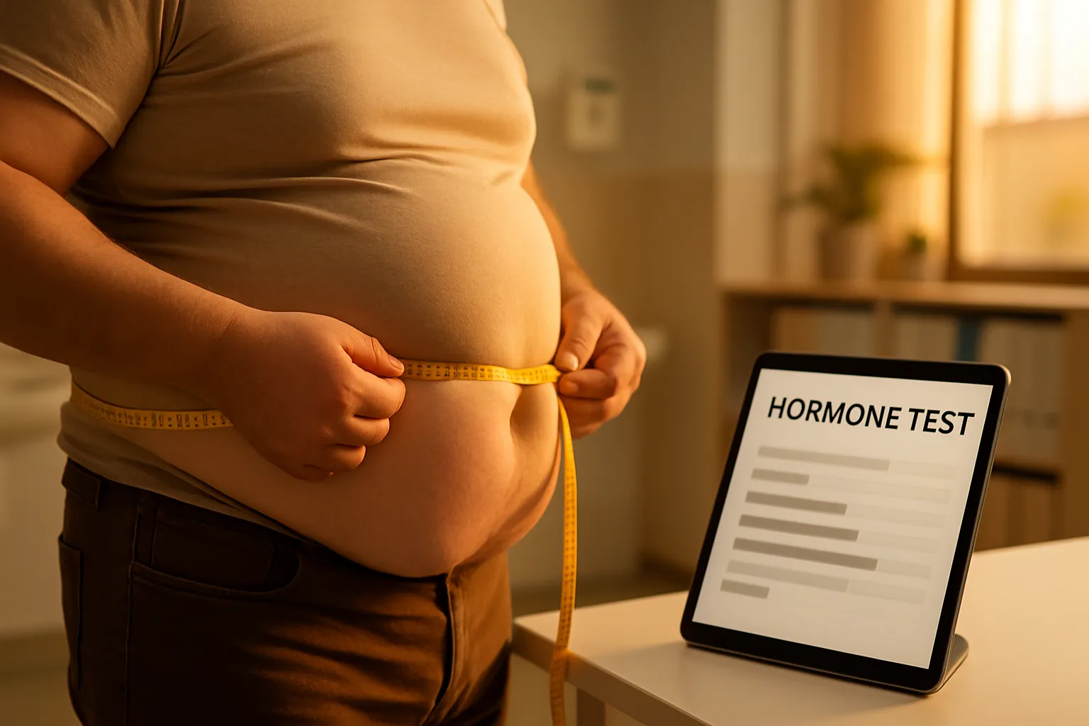 Pessoa medindo circunferência abdominal com resultados de testes hormonais visíveis, ilustrando os efeitos do desequilíbrio hormonal causado pela conversão de testosterona em estrogênio pela enzima aromatase