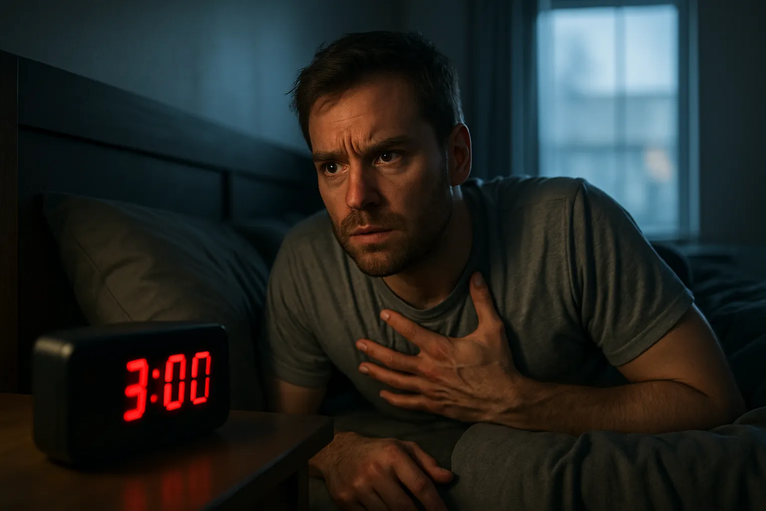 Homem acordado às 3h da manhã com expressão de ansiedade e mão no peito, demonstrando os efeitos da desregulação do cortisol causada pelo consumo de álcool