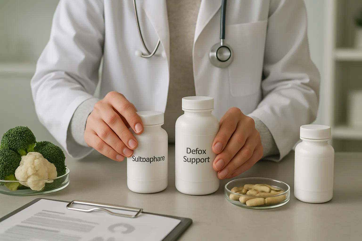 Profissional preparando protocolo de detoxificação hepática com suplementos de sulforafano e suporte enzimático