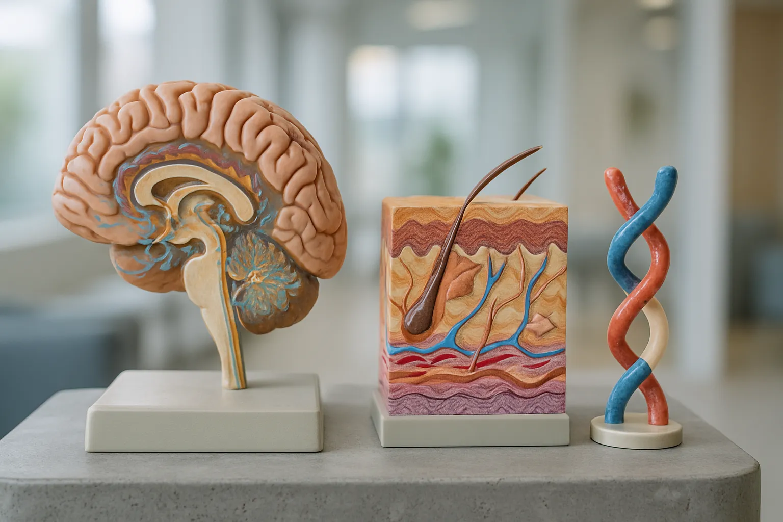 Modelo anatômico educativo mostrando centros cerebrais do sono e camadas de colágeno da pele lado a lado, demonstrando o ciclo virtuoso entre sono profundo e regeneração