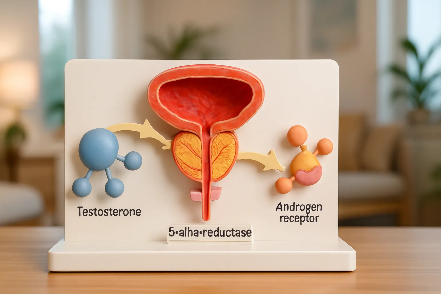 Modelo anatômico educacional da próstata demonstrando a via de conversão hormonal de testosterona em DHT e sensibilidade dos receptores androgênicos
