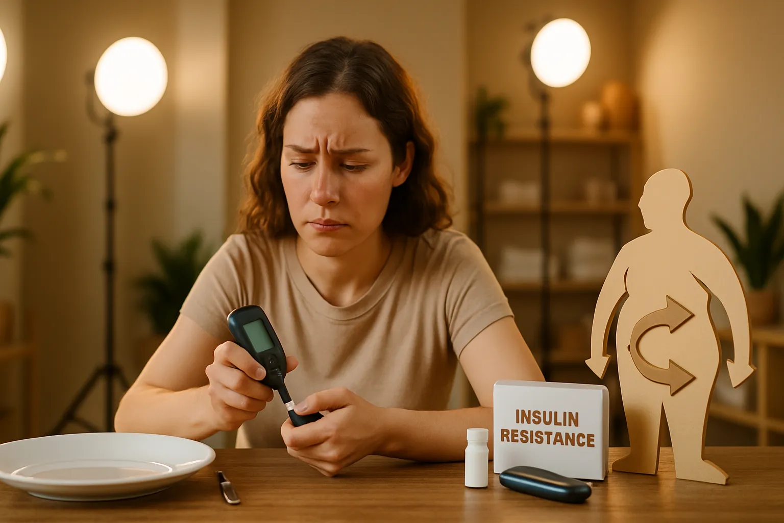 Protocolo visual sequencial mostrando ciclo de restrição calórica com prato vazio, pessoa estressada verificando glicemia e kit de teste de resistência à insulina