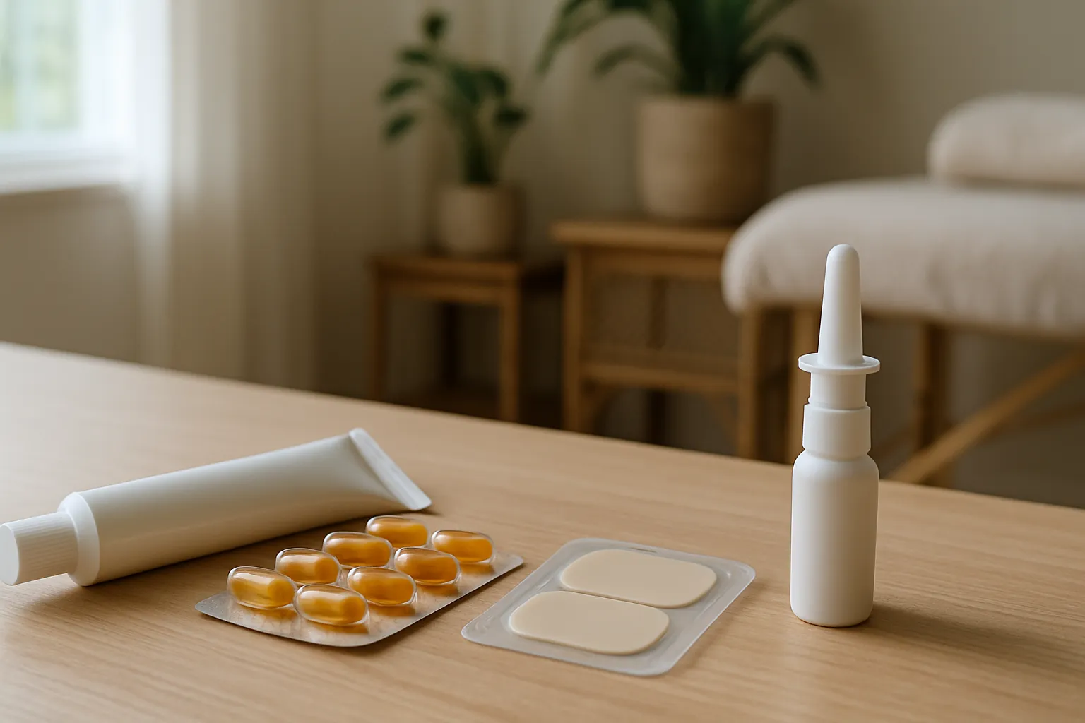 Diferentes Vias de Administração Hormonal Diferentes formas de reposição hormonal organizadas: gel transdérmico, cápsulas, patches e aplicador sublingual