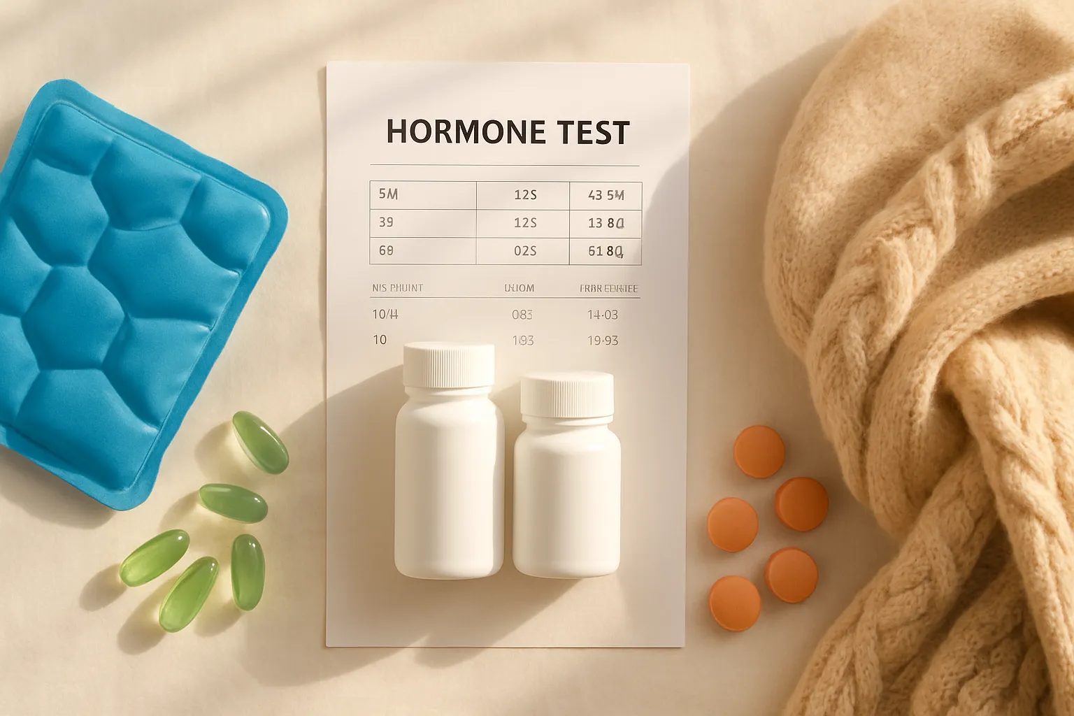 Dualidade das Fases da Tireoidite Pós-Parto Composição flat lay mostrando a dualidade da tireoidite pós-parto com itens representando fase hipertireoidea de um lado e fase hipotireoidea do outro, medicações ao centro