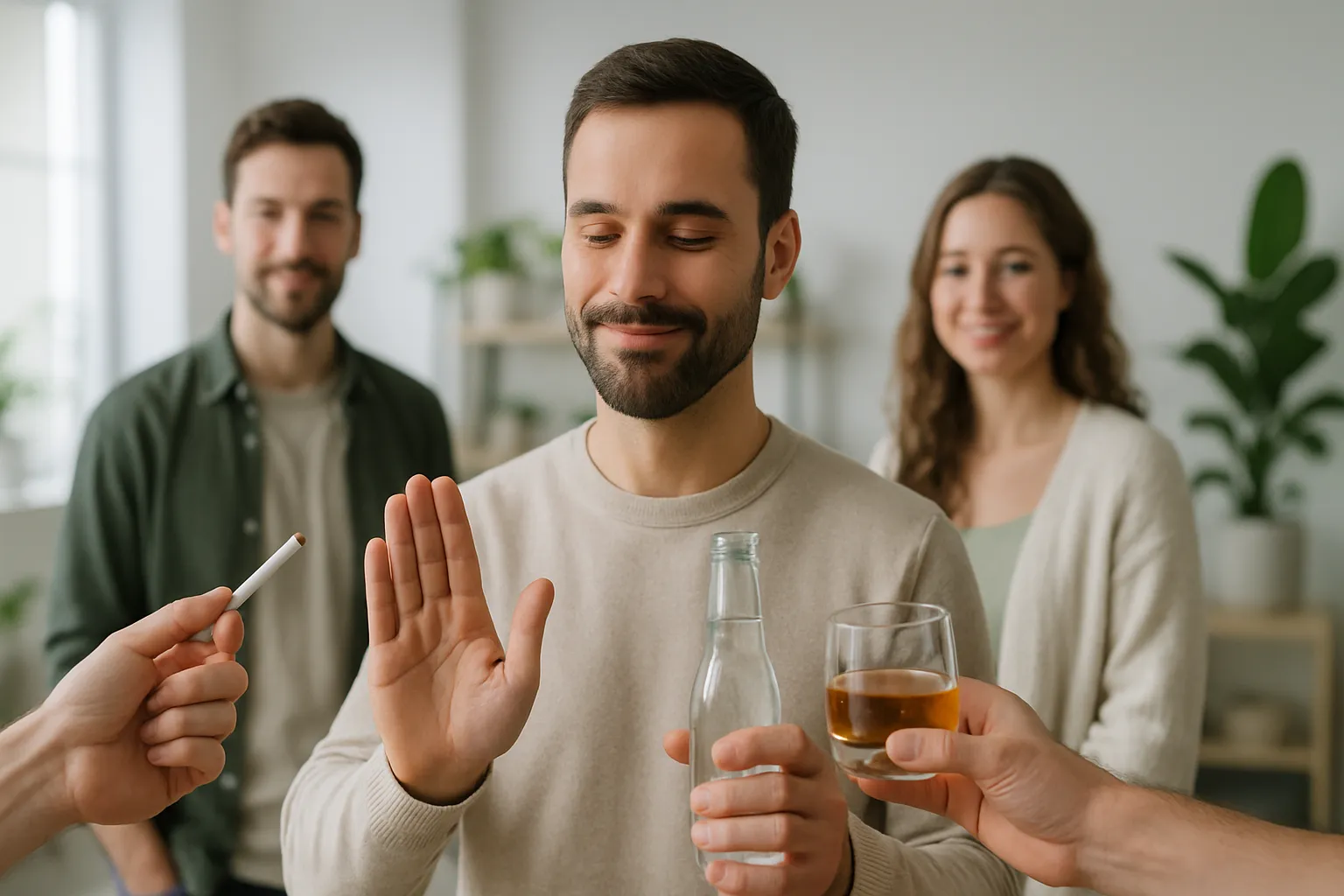 Escolhas Conscientes de Estilo de Vida para Fertilidade Homem fazendo escolhas conscientes ao recusar cigarro e álcool em ambiente social, priorizando hábitos saudáveis para preservar a qualidade espermática e fertilidade