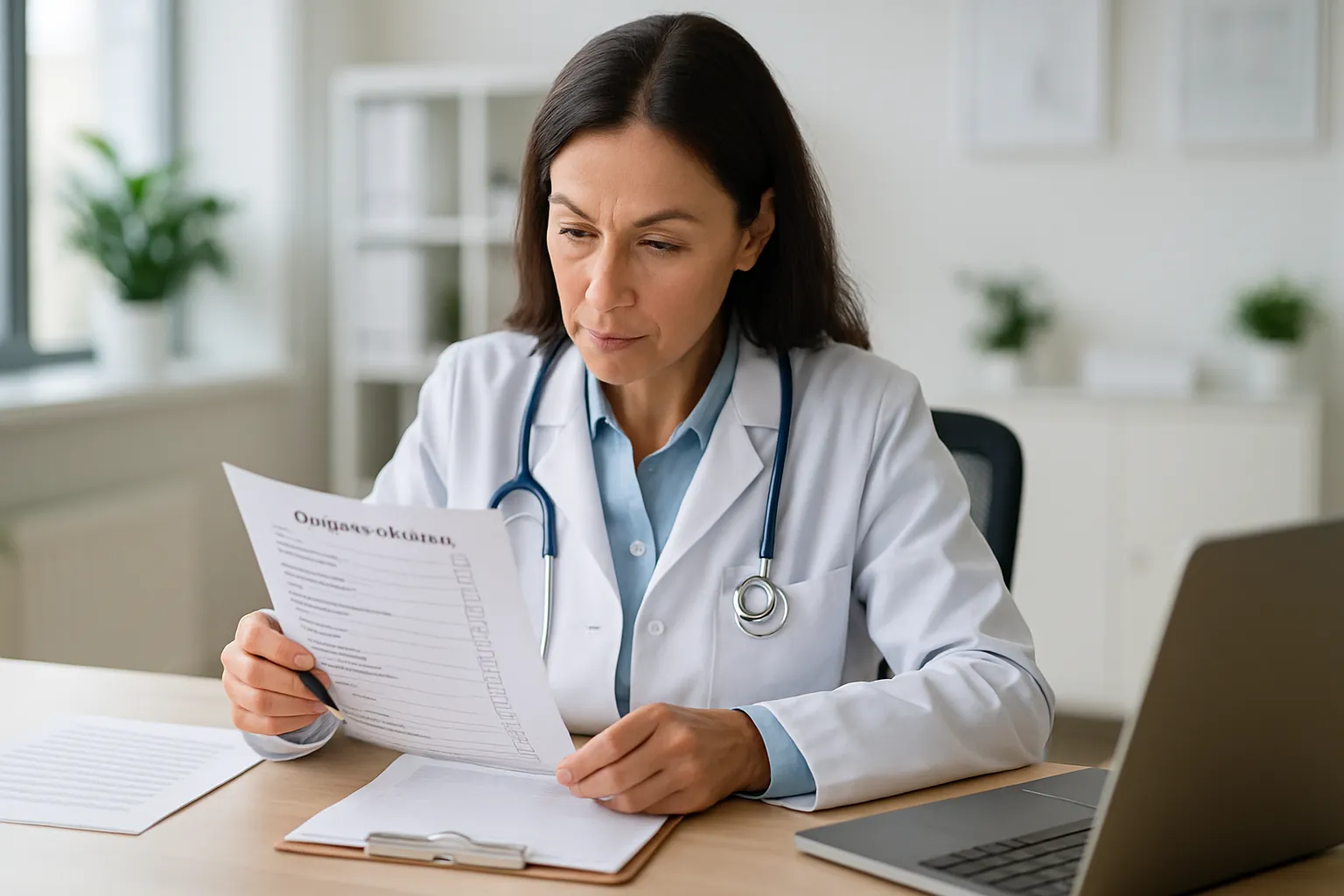 Especialista Avaliando Sintomas de Alerta Médico especialista realizando avaliação detalhada de sintomas de alerta em ambiente clínico contemporâneo