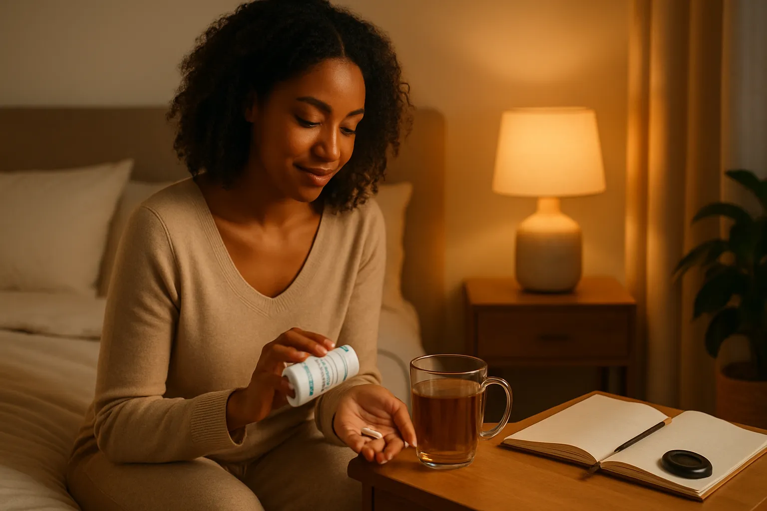 Pessoa preparando rotina noturna de relaxamento, tomando suplemento de magnésio com chá de ervas em ambiente acolhedor do quarto