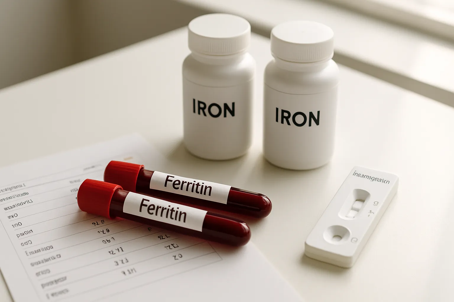 Composição flat lay com tubos de exame de ferritina, resultados laboratoriais de níveis de ferro e suplementos organizados em superfície médica