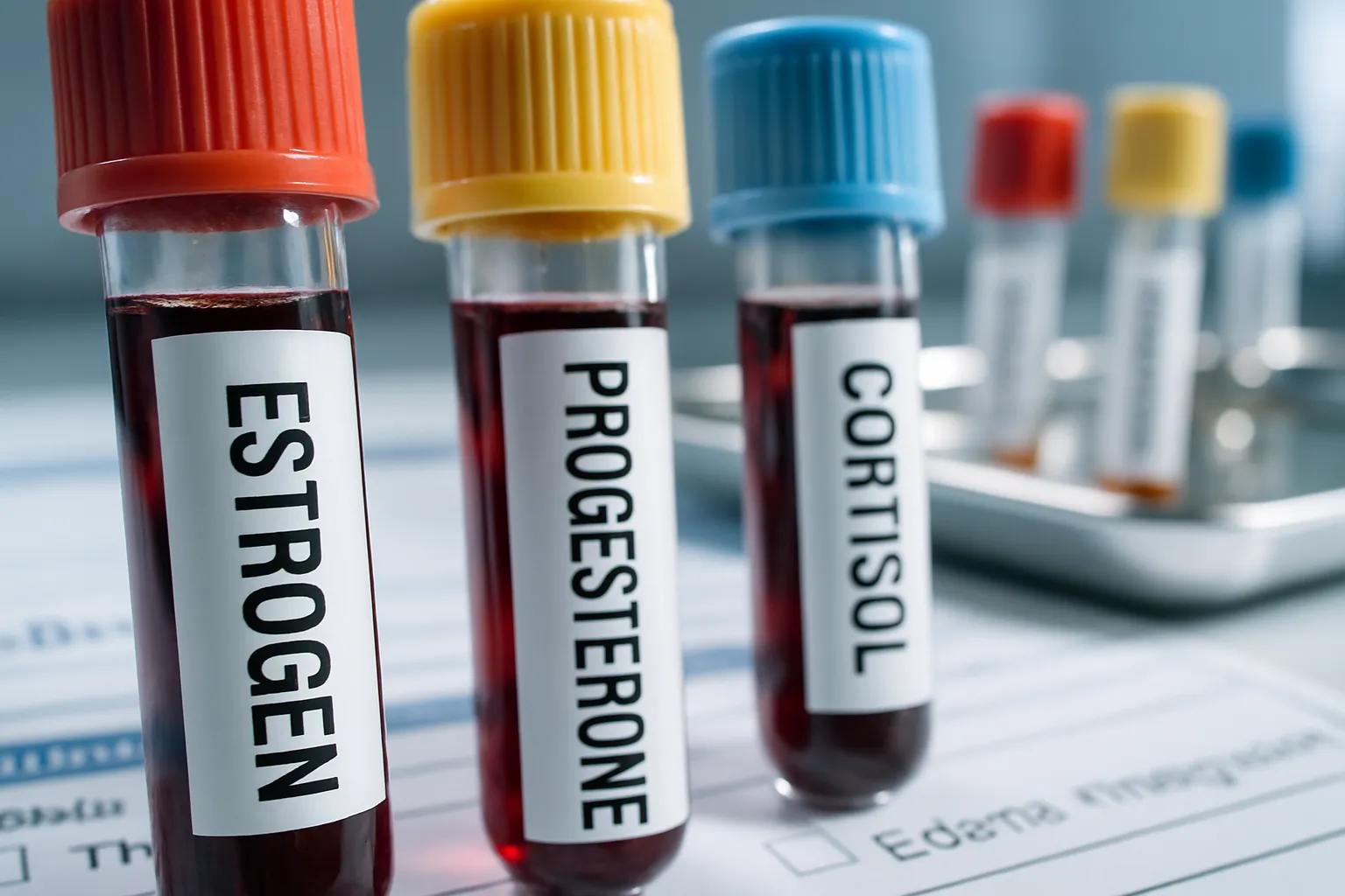 Exame de Hormônios Femininos para Edema Detalhe macro de tubos de exame para dosagem de estrogênio, progesterona e cortisol em investigação de edema hormonal