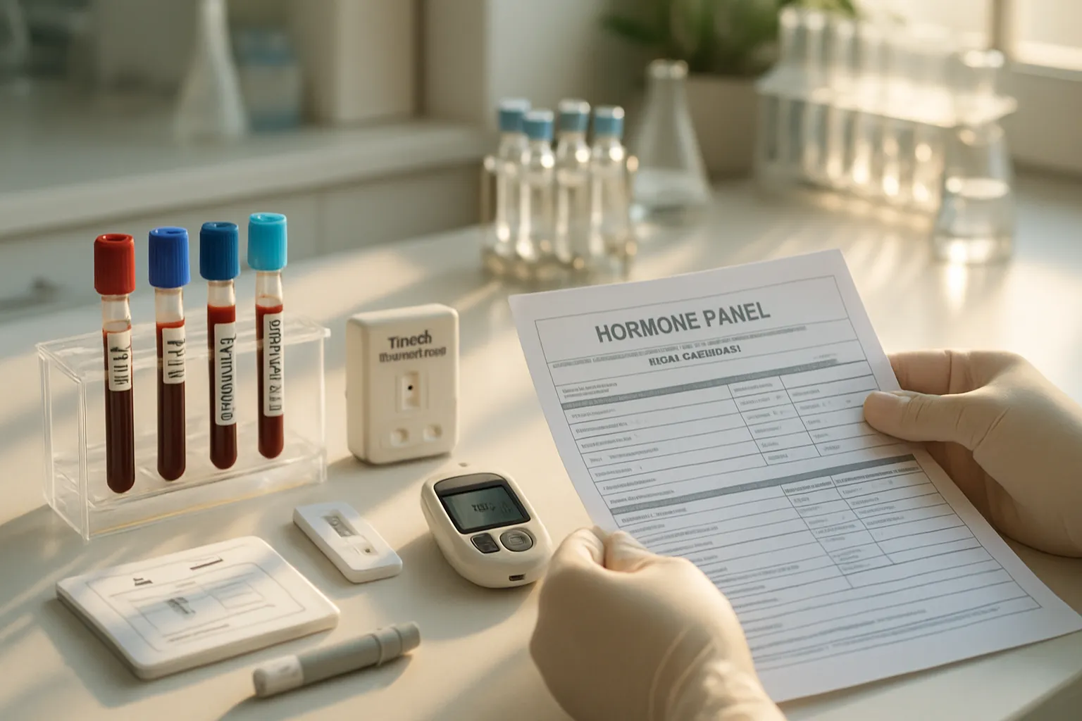 Investigação Hormonal Laboratorial Configuração laboratorial para investigação hormonal completa incluindo testes de FSH, LH, estradiol, progesterona, função tireoidiana e resistência à insulina