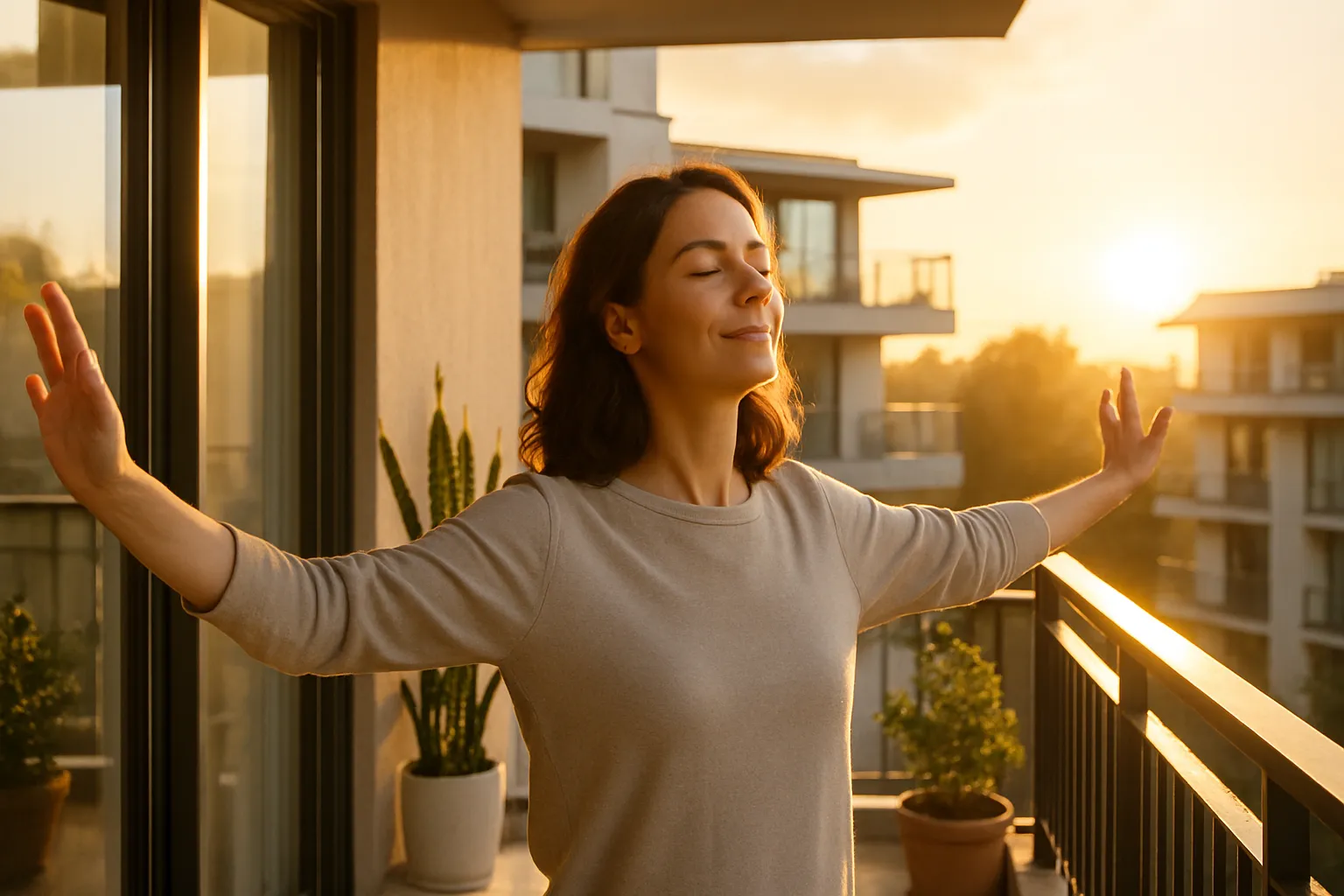 Pessoa recebendo luz solar direta nos olhos durante os primeiros minutos da manhã para regular o ritmo circadiano