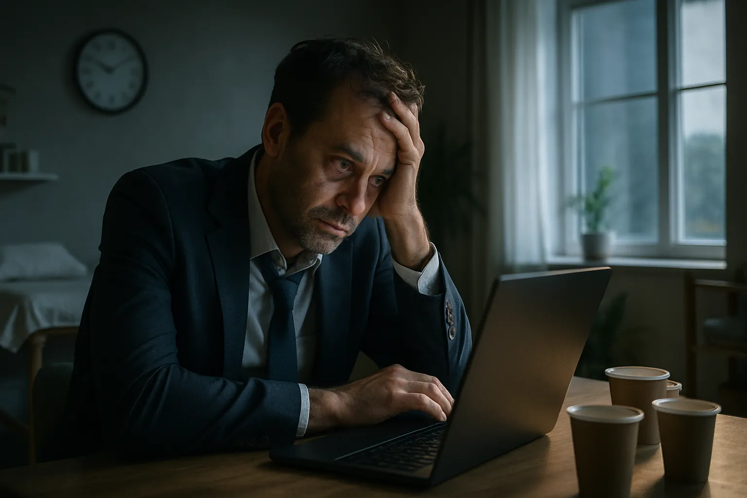 Homem executivo exausto trabalhando de madrugada demonstrando estresse crônico e privação de sono, fatores que aceleram a queda de testosterona