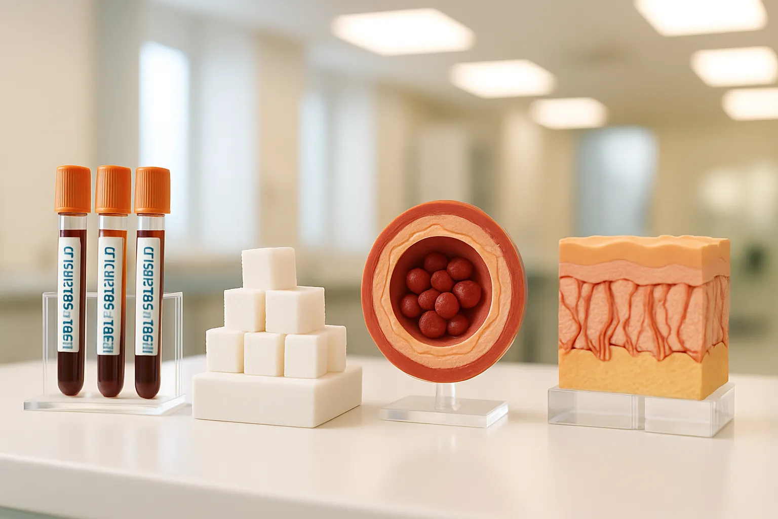 Demonstração educativa dos fatores que degradam colágeno: cortisol elevado, glicação por açúcar, circulação comprometida e quebra de fibras