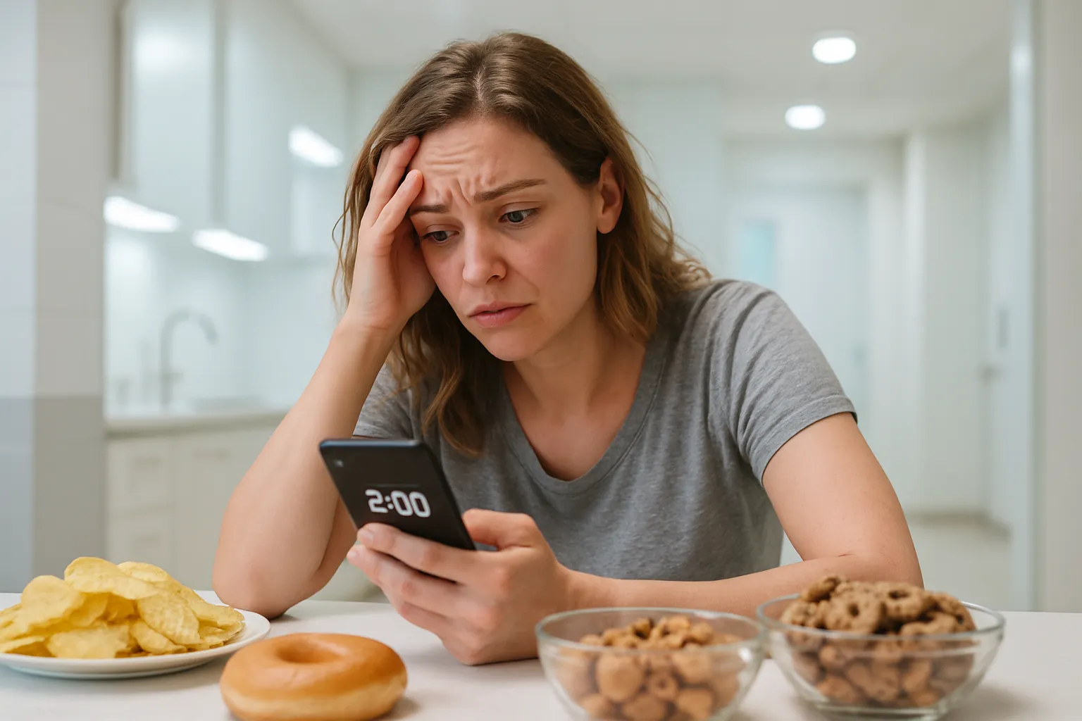 Pessoa experienciando múltiplos fatores que desregulam a ghrelina: privação de sono, estresse e escolhas alimentares inadequadas