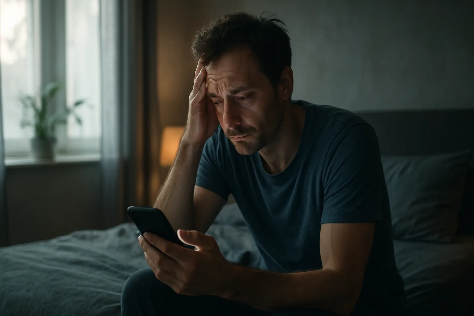 Pessoa com sinais de estresse crônico e privação de sono, ilustrando os fatores de estilo de vida que suprimem a produção de adiponectina