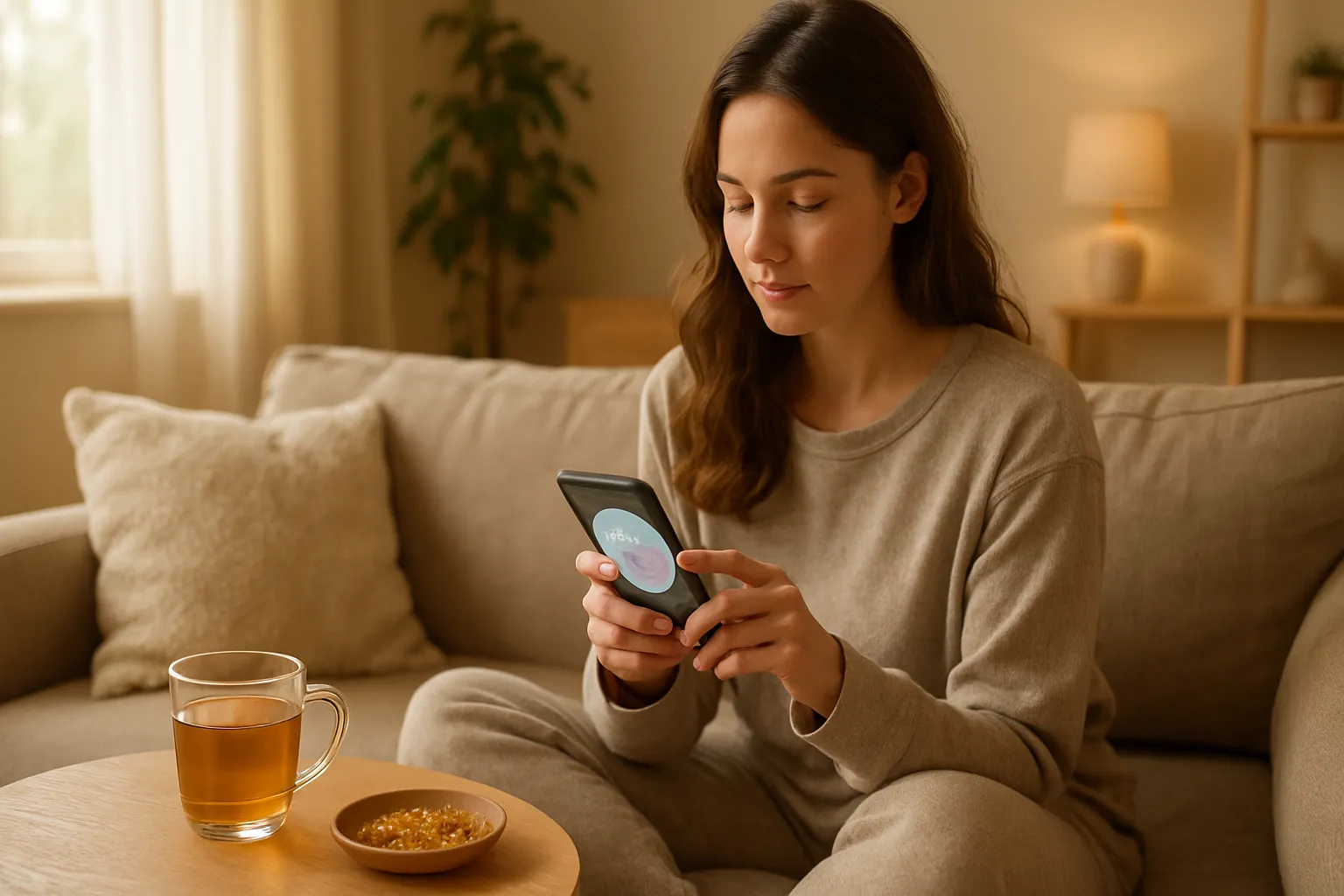 Mulher em casa acompanhando sua fase lútea do ciclo menstrual através de aplicativo, gerenciando sintomas de PMDD com rotina de autocuidado