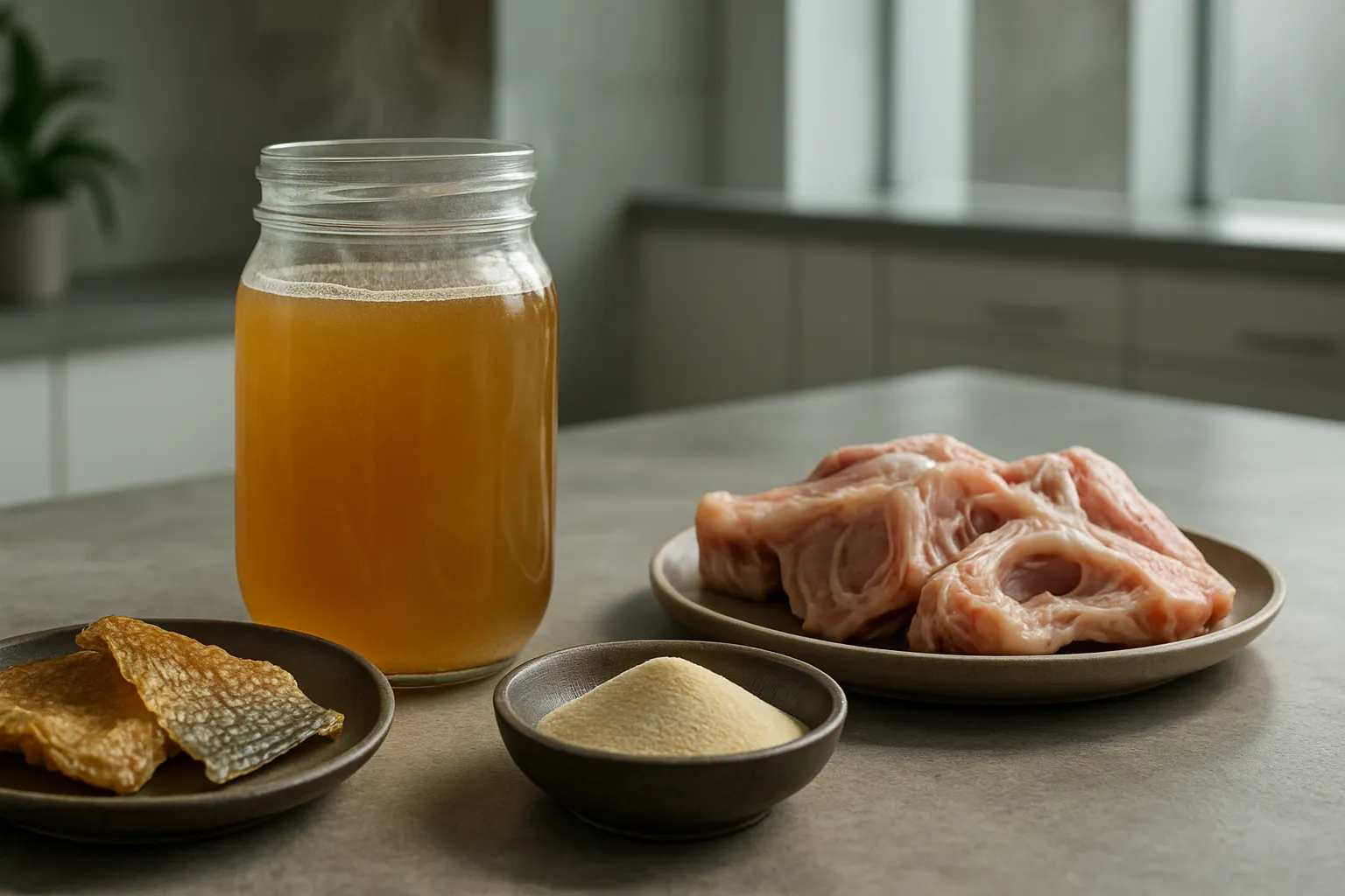 Caldo de ossos caseiro em jarro de vidro ao lado de pele de frango, pele de peixe e gelatina sem sabor, mostrando fontes alimentares naturais ricas em glicina