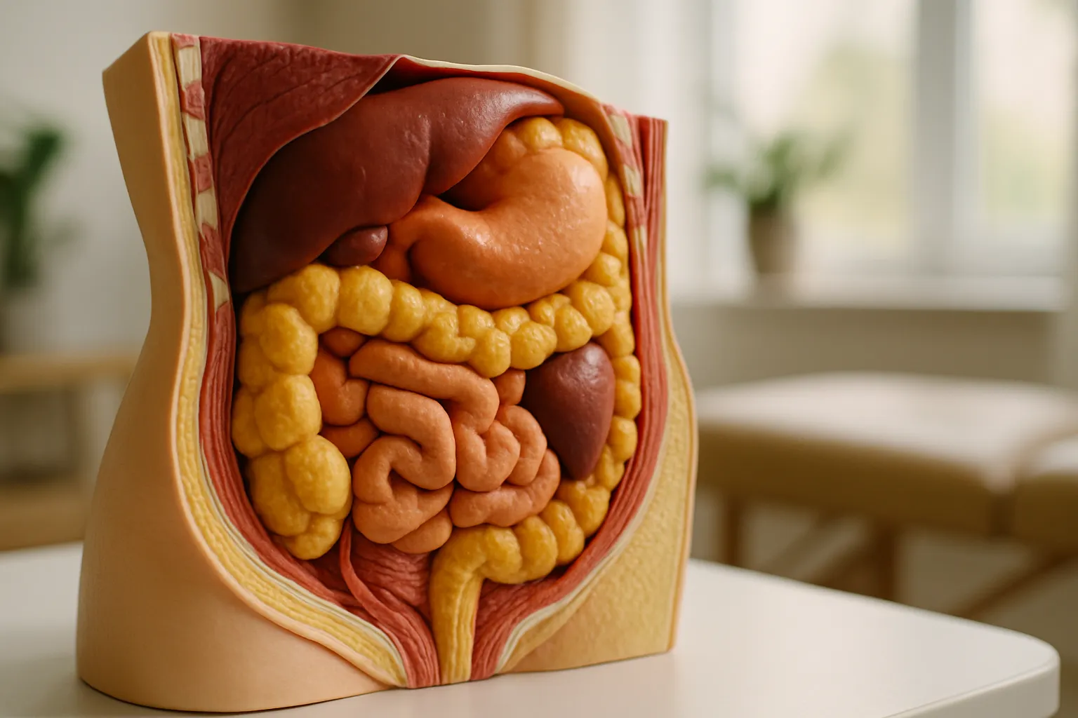 Modelo anatômico detalhado mostrando a diferença entre gordura visceral profunda ao redor dos órgãos e gordura subcutânea superficial