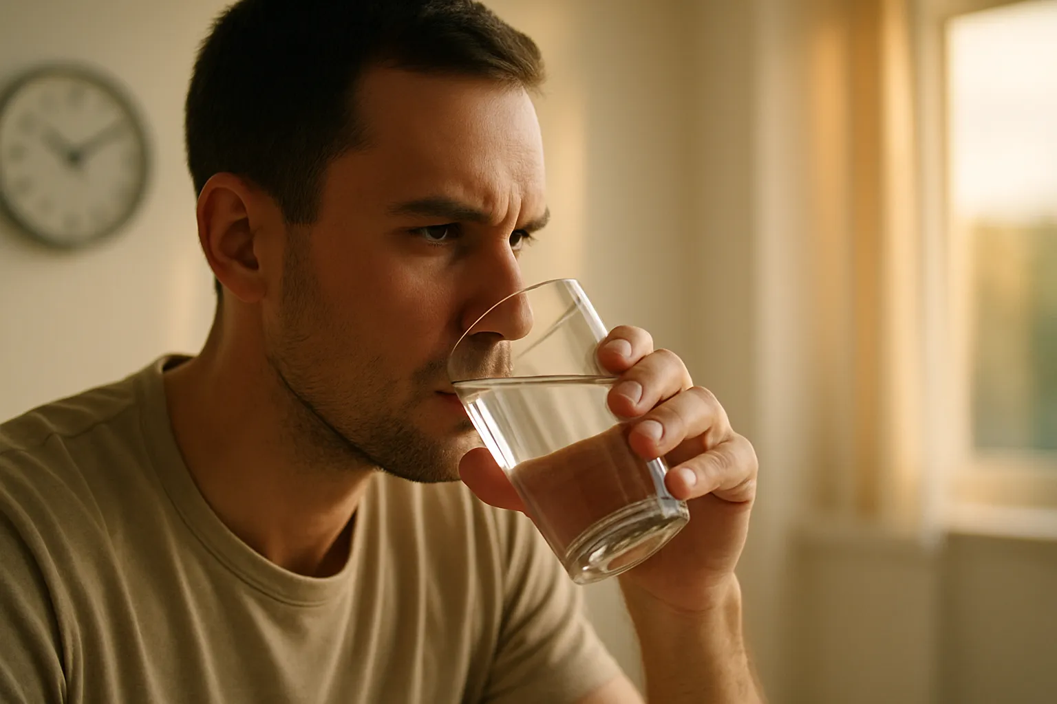 Pessoa bebendo água em temperatura ambiente 30 minutos antes da refeição, demonstrando timing correto de hidratação estratégica
