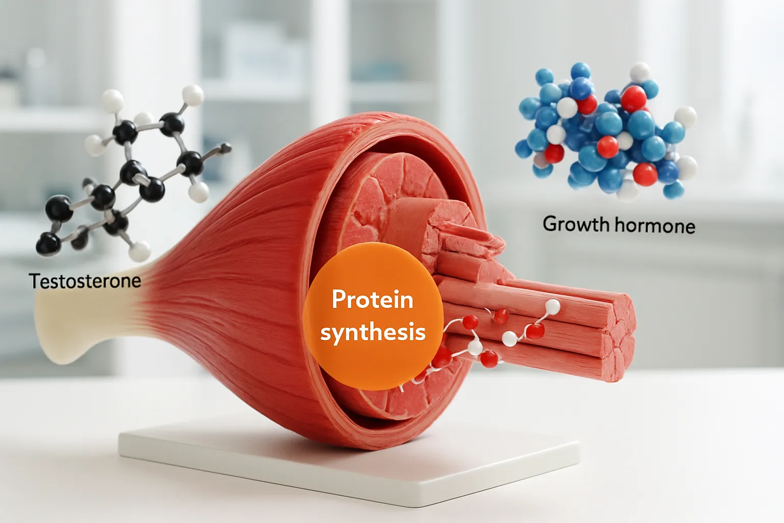 Modelo anatômico educacional mostrando fibras musculares e processo de síntese proteica com representações hormonais