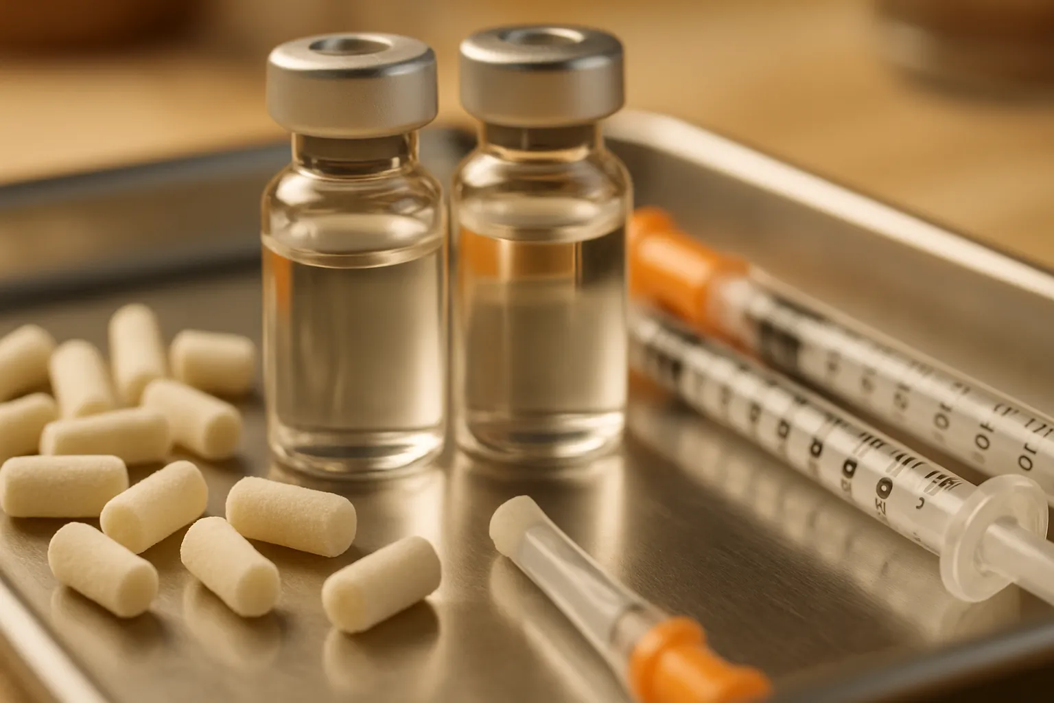 Detalhe macro de pellets de hormônios bioidênticos e frascos de terapia hormonal personalizada com seringas de dosagem precisa