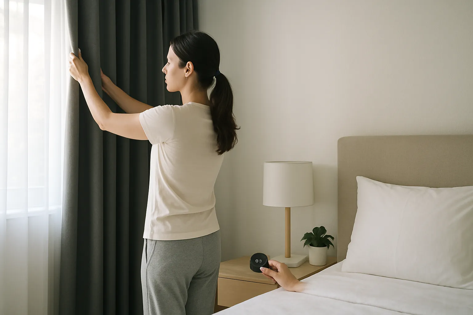 Rotina de Sono Profundo para Otimizar IGF-1 Pessoa preparando ambiente ideal para sono profundo com cortinas blackout e dispositivo de monitoramento, ilustrando estratégia natural para otimizar produção de IGF-1 durante a noite