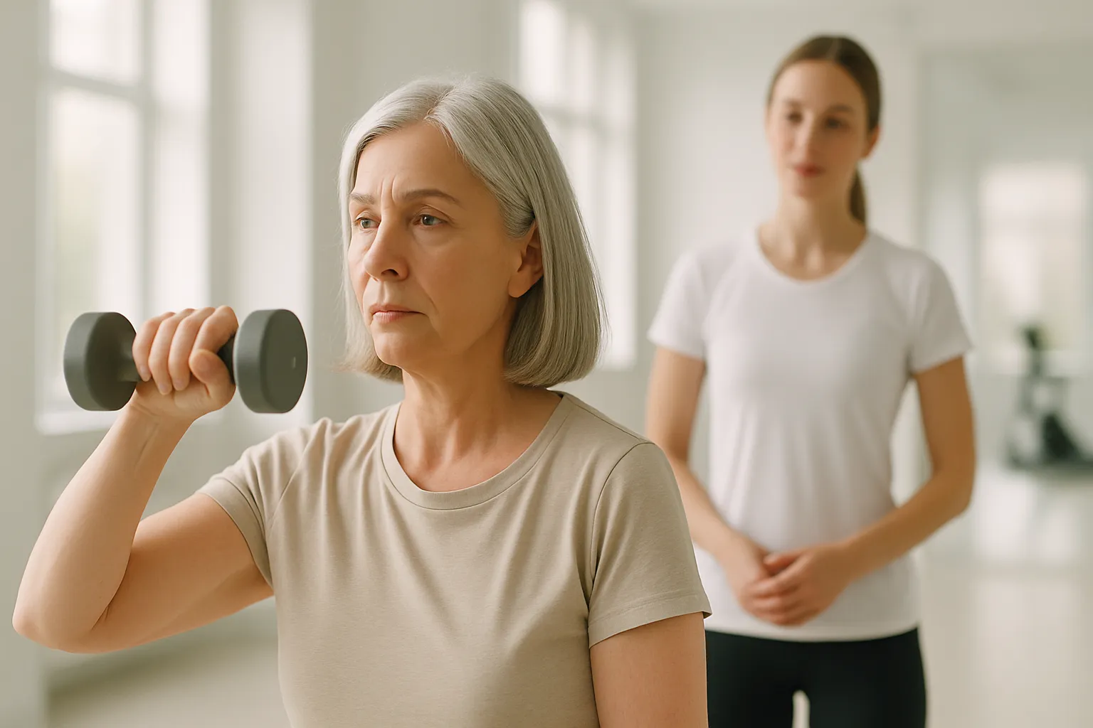 Treinamento de Força para Estimular IGF-1 Mulher madura realizando treinamento de força com halteres sob supervisão de personal trainer, demonstrando exercício para estimular produção natural de IGF-1 e construção de massa magra