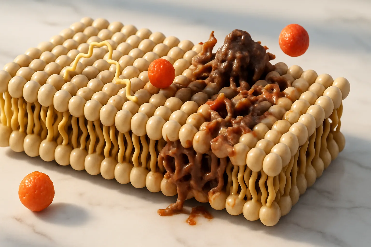 Visualização macro de modelo de membrana celular mostrando incorporação de ácidos graxos ômega-6 e dano oxidativo, ilustrando o processo inflamatório celular