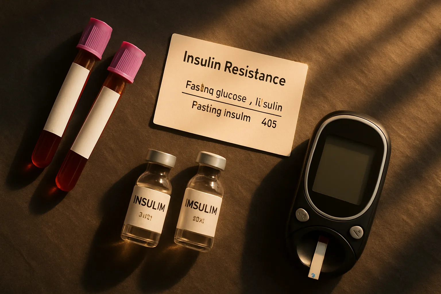 Composição organizada de materiais para teste de resistência à insulina incluindo tubos de coleta para glicemia e insulina de jejum, glicosímetro e cartão de referência HOMA-IR